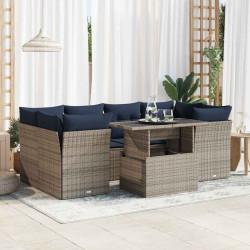 7 Pcs conjunto sofás jardim almofadões vime PE/acácia cinzento