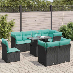 9 Pcs conjunto sofás p/ jardim almofadões vime PE/acácia preto
