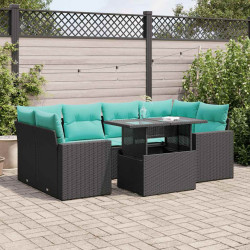 7 Pcs conjunto sofás jardim c/ almofadões vime PE/acácia preto