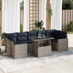 8 Pcs conjunto sofás jardim almofadões vime PE/acácia cinzento