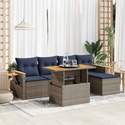 6 Pcs conjunto sofás jardim com almofadões PE/acácia cinzento