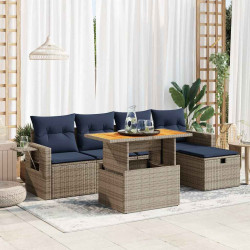 6 Pcs conjunto sofás jardim com almofadões PE/acácia cinzento