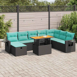 9 Pcs conjunto sofás p/ jardim almofadões vime PE/acácia preto