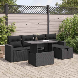 6 Pcs conjunto sofás de jardim c/ almofadões vime PE preto