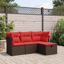 4 Pcs conjunto sofás de jardim c/ almofadões vime PE castanho