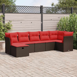 7 Pcs conjunto de sofás jardim c/ almofadões vime PE castanho