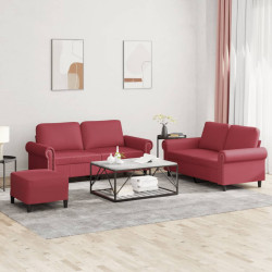 3 Pcs conjunto sofás c/ almofadões couro artif. vermelho tinto