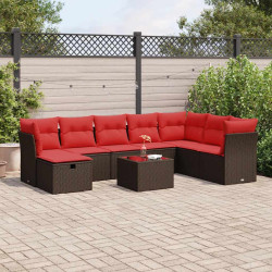 9 Pcs conjunto sofás p/ jardim c/ almofadões vime PE castanho