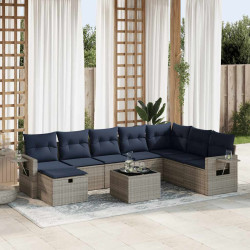 9 Pcs conjunto sofás p/ jardim com almofadões vime PE cinzento