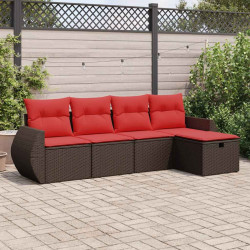 5 Pcs conjunto sofás p/ jardim c/ almofadões vime PE castanho