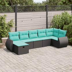 7 Pcs conjunto de sofás p/ jardim c/ almofadões vime PE preto