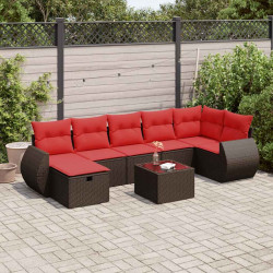 8 Pcs conjunto sofás de jardim c/ almofadões vime PE castanho