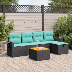 6 Pcs conjunto sofás de jardim c/ almofadões vime PE preto