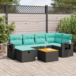 7 Pcs conjunto de sofás p/ jardim c/ almofadões vime PE preto
