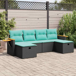 6 Pcs conjunto sofás de jardim c/ almofadões vime PE preto