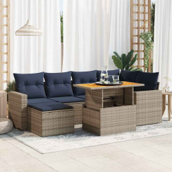 7 Pcs conjunto sofás p/ jardim c/ almofadões vime PE cinzento