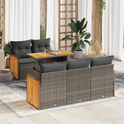 6 Pcs conjunto sofás jardim com almofadões PE/acácia cinzento