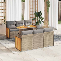7 Pcs conjunto sofás jardim com almofadões vime PE/acácia bege