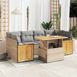 7 Pcs conjunto sofás jardim com almofadões vime PE/acácia bege