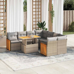 9 Pcs conjunto sofás jardim com almofadões vime PE/acácia bege