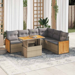 7 Pcs conjunto sofás jardim com almofadões vime PE/acácia bege