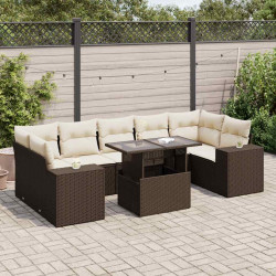 8 Pcs conjunto sofás de jardim c/ almofadões vime PE castanho