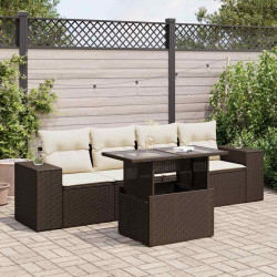 5 Pcs conjunto sofás p/ jardim c/ almofadões vime PE castanho