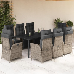 9 Pcs conjunto de jantar p/ jardim c/ almofadões vime PE cinza