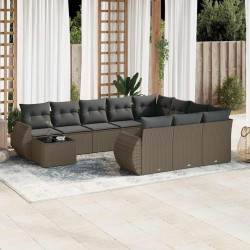 11 Pcs conjunto sofás de jardim c/ almofadões vime PE cinzento