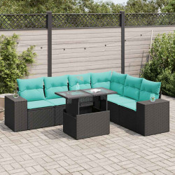 7 Pcs conjunto sofás jardim c/ almofadões vime PE/acácia preto