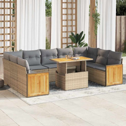 10 Pcs conj. sofás p/ jardim c/ almofadões vime PE/acácia bege