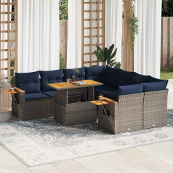 9 Pcs conjunto sofás p/ jardim com almofadões vime PE cinzento