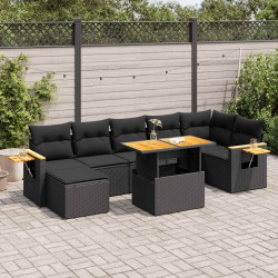 8 Pcs conjunto sofás jardim com almofadões vime PE/acácia preto