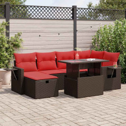 7 Pcs conjunto sofás jardim c/ almofadões vime PE/acácia castanho