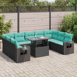 10 Pcs conjunto sofás jardim c/ almofadões vime PE/acácia preto