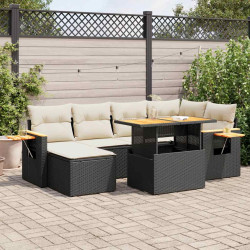 7 Pcs conjunto sofás jardim c/ almofadões vime PE/acácia preto