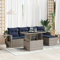 6 Pcs conjunto sofás jardim c/ almofadões vime PE/acácia cinzento