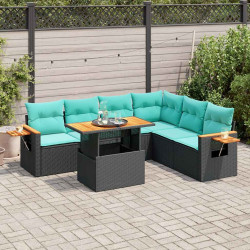 7 Pcs conjunto sofás jardim c/ almofadões vime PE/acácia preto