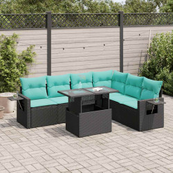 7 Pcs conj. sofás jardim c/ almofadões vime PE/acácia preto