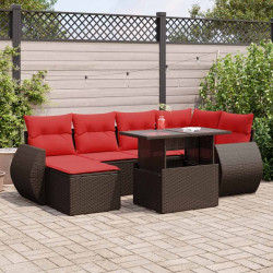 7 Pcs conj. sofás jardim c/ almofadões vime PE/acácia castanho