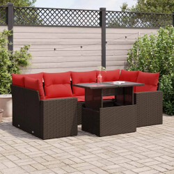 7 Pcs conj. sofás jardim c/ almofadões vime PE/acácia castanho