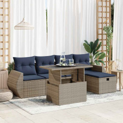 6 Pcs conj. sofás jardim c/ almofadões vime PE/acácia cinzento