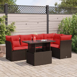 6 Pcs conj. sofás jardim c/ almofadões vime PE/acácia castanho
