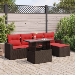 6 Pcs conj. sofás jardim c/ almofadões vime PE/acácia castanho