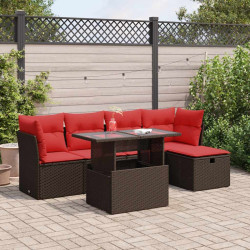 6 Pcs conj. sofás jardim c/ almofadões vime PE/acácia castanho