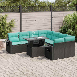 9 Pcs conj. sofás jardim c/ almofadões vime PE/acácia preto