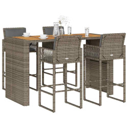 5 Pcs conj. de bar jardim c/ almofadões vime PE/acácia cinzento