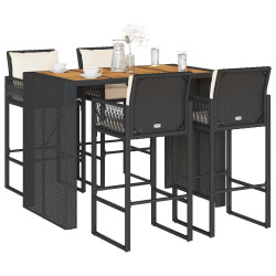 5 Pcs conjunto de bar jardim c/ almofadões vime PE/acácia preto