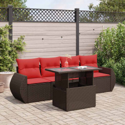 5 Pcs conj. sofás jardim c/ almofadões vime PE/acácia castanho