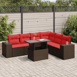 7 Pcs conj. sofás jardim c/ almofadões vime PE/acácia castanho
